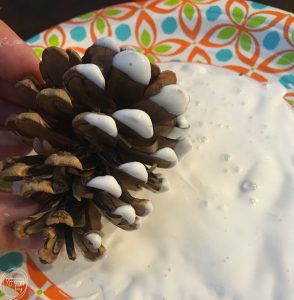 This is my kind of holiday decoration - inexpensive and easy to make! By adding fake snow to pine cones, it's easy to create natural and rustic Christmas decorations.