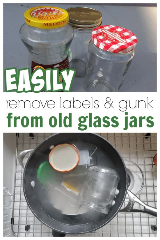 Such an easy way to remove labels and glue from glass food jars. Step by step how to remove labels from glass jars with supplies you already have at home. 