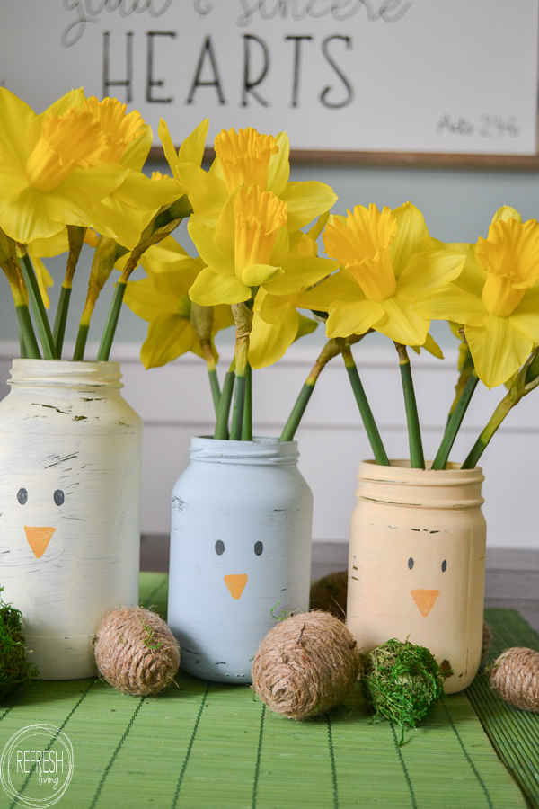 What a great way to reuse old glass food jars! I suppose you could paint other animal faces on these, or just leave them as spring colors, too. Such an easy DIY spring decoration for Easter!