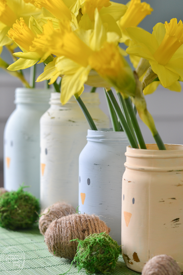 What a great way to reuse old glass food jars! I suppose you could paint other animal faces on these, or just leave them as spring colors, too. Such an easy DIY spring decoration for Easter!