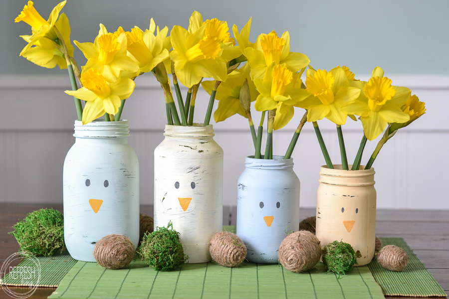 What a great way to reuse old glass food jars! I suppose you could paint other animal faces on these, or just leave them as spring colors, too. Such an easy DIY spring decoration for Easter!