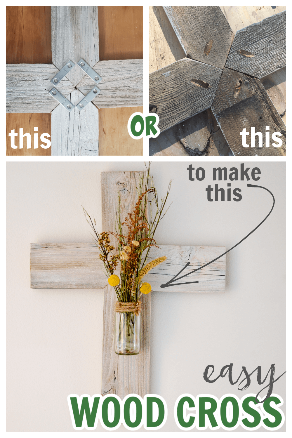 reuse scrap wood or an old fence picket to make a wooden cross with a glass jar flower vase