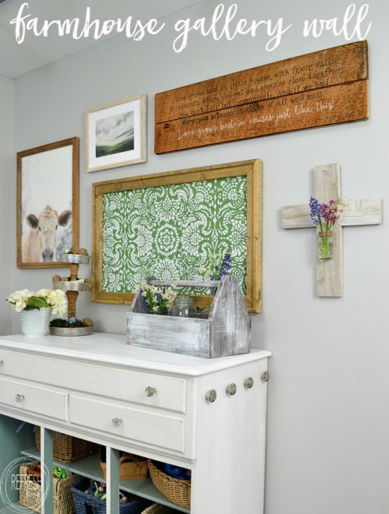 This farmhouse gallery wall has the perfect mix of neutral with a little bit of color. Since I can't have a cow of my own, I'm going to hang one on my wall!