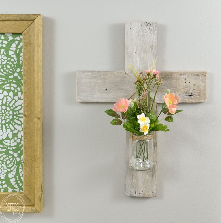 how to make a wooden cross with a hanging flower vase