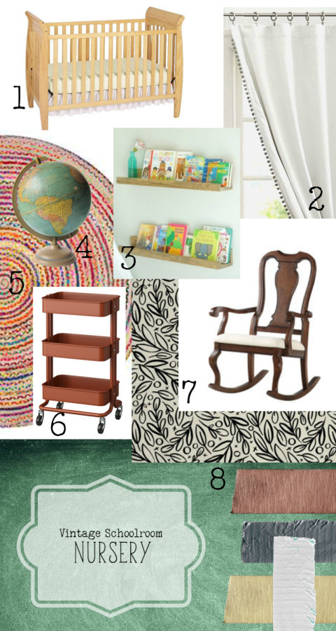 vintage school nursery design plans with chalkboard wall, book shelf ledges, and colorful rug