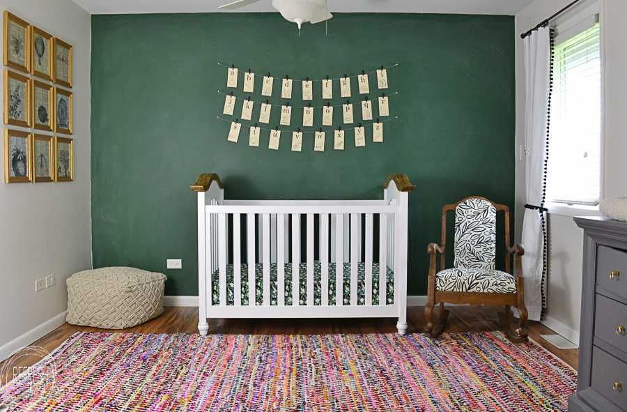 vintage classroom decor in a nursery with chalkboard wall and vintage alphabet cards