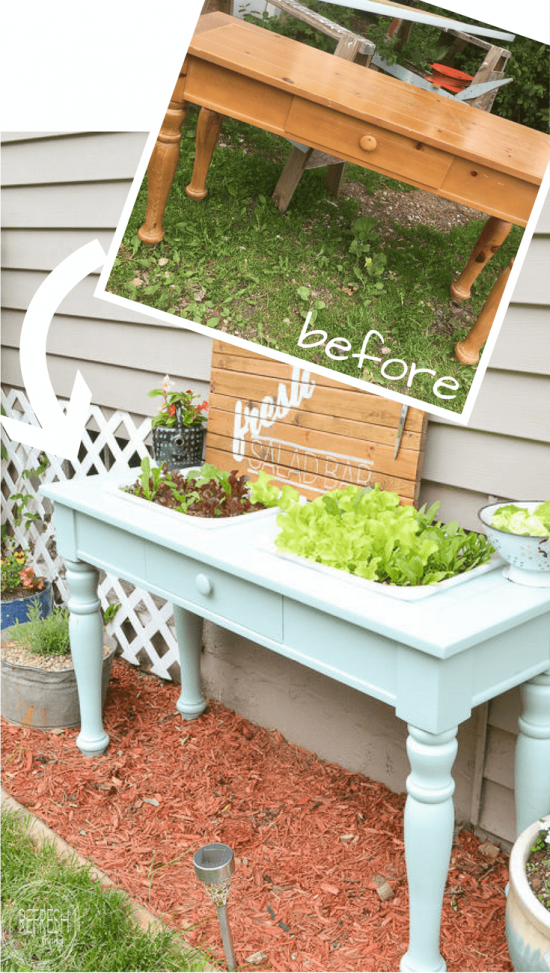 An old sofa table can be reused as a DIY raised garden bed! This is such an easy outdoor project!