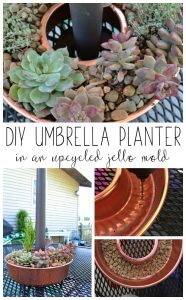 A copper jello mold can be reused as a DIY umbrella flower pot. What a cute little succulent garden!