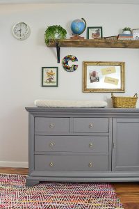 I love the gray dresser with the brass pulls. This dresser started as a dark cherry wood color; it looks so much better now.