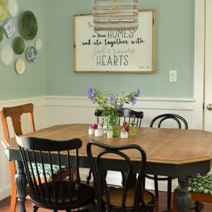 Room makeover completed for under $100 - including a new table and chairs! Vintage modern farmhouse dining room with plate gallery wall and DIY wood sign with quote.