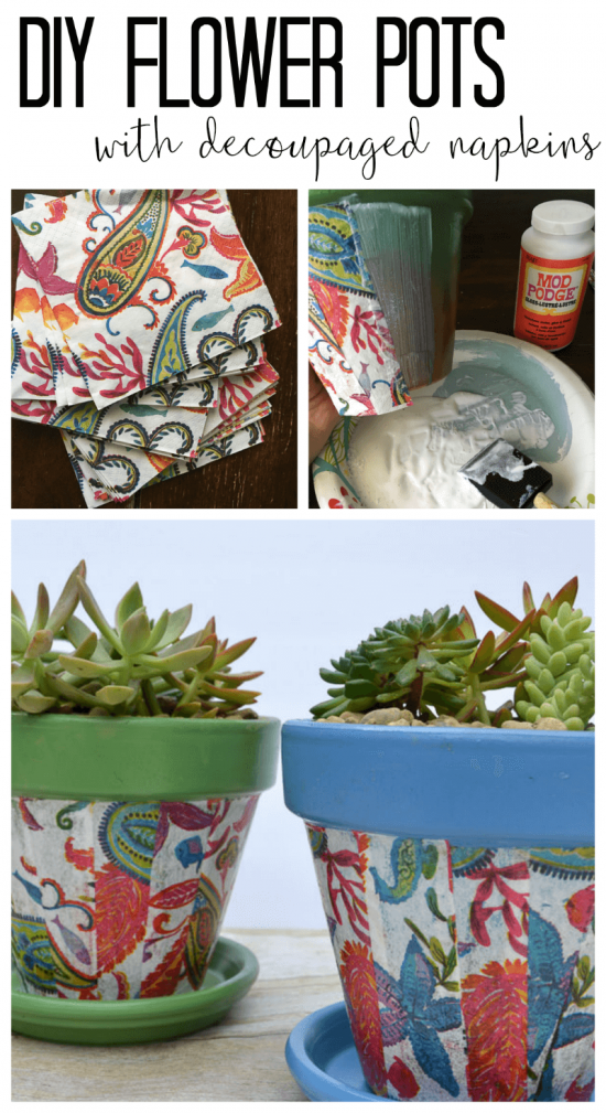 Cheap pots get an update for summer with spray paint and decoupaged napkins.