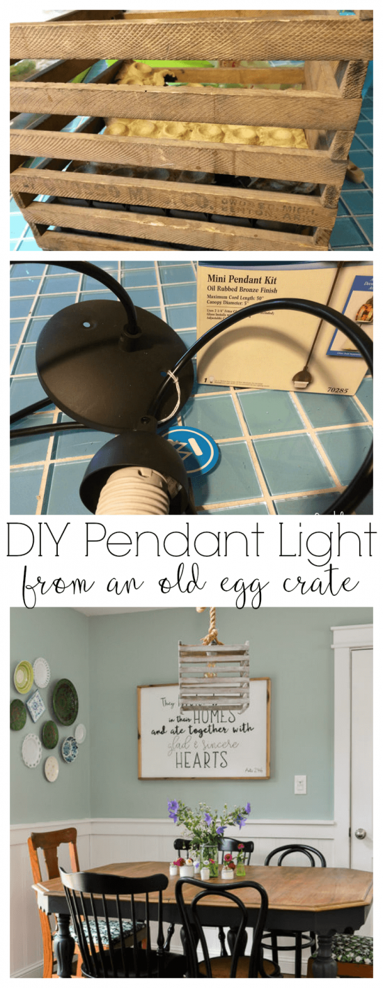 Farmhouse style light fixture made from an antique egg crate. It's easy to make using a pendant light kit and a simple white technique.