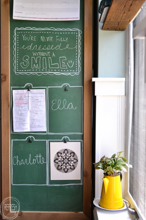 Genius! Use the side of the fridge as a command center by painting it with chalkboard paint and making an easy DIY frame. The way the wood is attached to the side is definitely a smart idea!