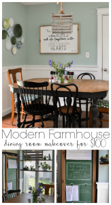 Room makeover completed for under $100 - including a new table and chairs! Vintage modern farmhouse dining room with plate gallery wall and DIY wood sign with quote.