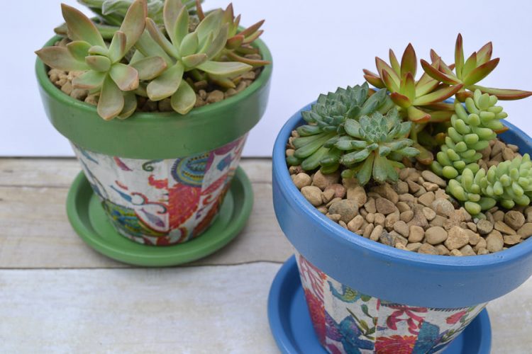 Cheap pots get an update for summer with spray paint and decoupaged napkins.