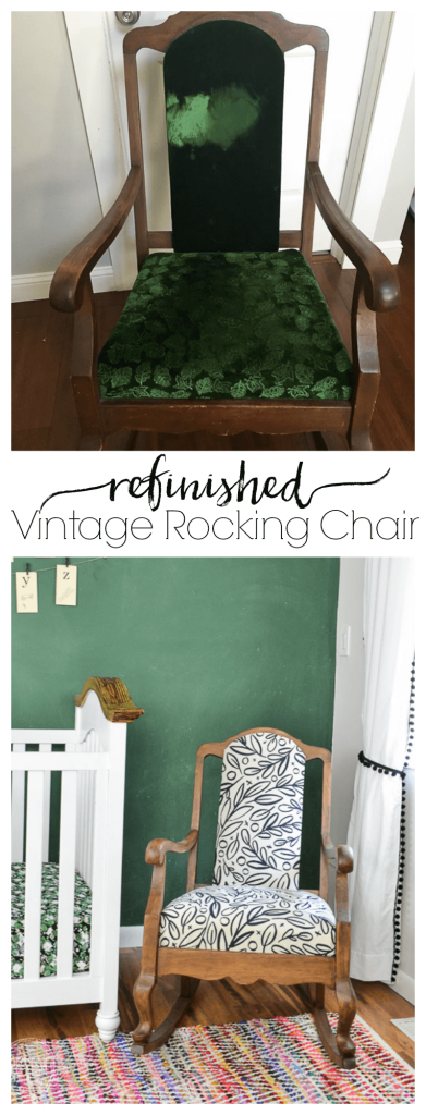 An old vintage rocking chair gets a new look with stripped wood and a modern black and white fabric.