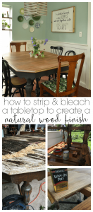 This dining room table only cost $37 at a thrift store! After stripping and bleaching the top and painting the base, it looks like a new piece of furniture! Refinished farmhouse table with natural wood top and painted gray base.