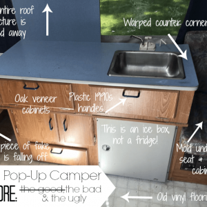 This pop up camper looks completely different now! It's amazing how changing out the fabric, counters, and paint color can totally change the look of a camper.