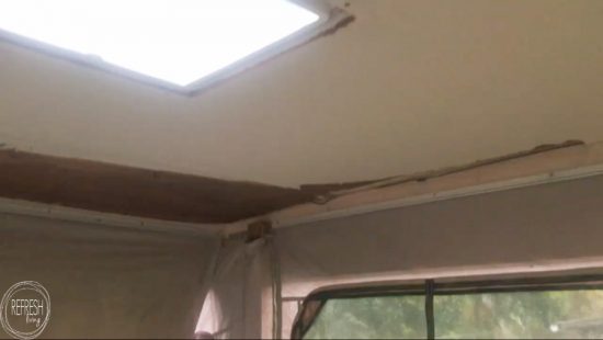 Glue up ceiling panels are an easy way to update a ceiling in a camper (or home). These panels covered up some water damage after the roof was repaired.