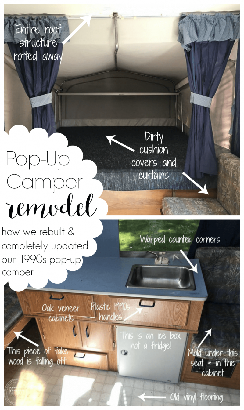 This pop up camper looks completely different now! It's amazing how changing out the fabric, counters, and paint color can totally change the look of a camper.