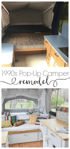 This pop-up camper remodel is incredible. To think it started with a leaky roof and now looks like this with white painted cabinets, new cushion covers, and boho bedding is unbelievable!