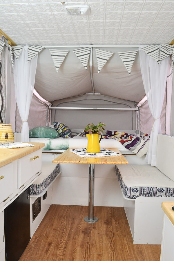 remodeled pop up camper rv with vintage boho electic design new ceiling counters painted