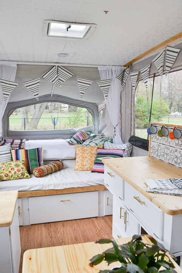 Remodeled Pop Up Camper Rv With Vintage Boho Electic Design New Ceiling Counters Painted Cabinets Table And Backsplash 10 Of 10 