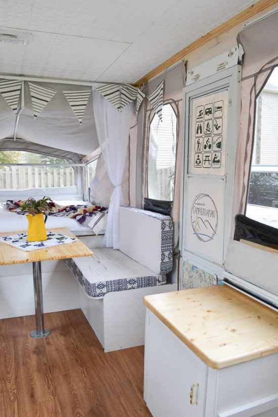 remodeled pop up camper rv with vintage boho electic design new ceiling