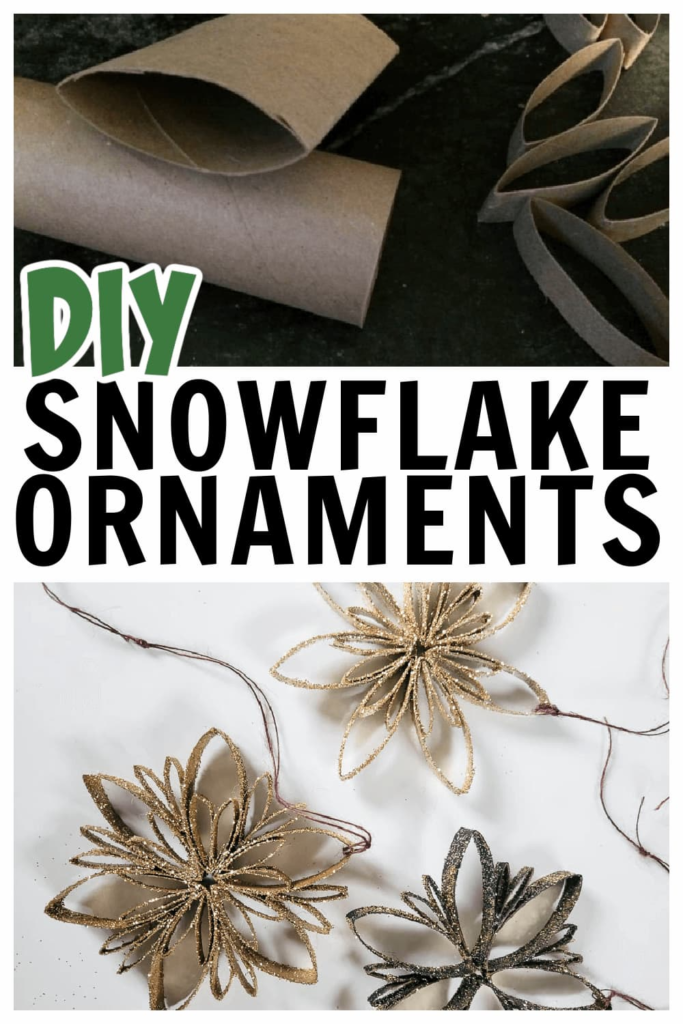 make snowflake ornaments with gold glitter and toilet paper roll