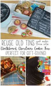 I see old tins all the time - this is a great way to reuse them. These chalkboard tins would be a great way to give Christmas cookies to friends and family. I love the idea to write the names of the cookies right on the front of the tin! Upcycled Christmas cookie tins via Refresh Living.