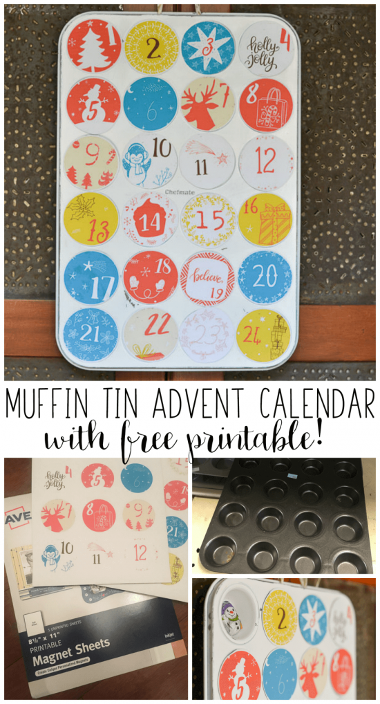 This DIY advent calendar is upcycled from an old muffin pan. Magnetic cut outs cover the holes and are easy to remove. Plus, there is a free printable for the numbered circles!