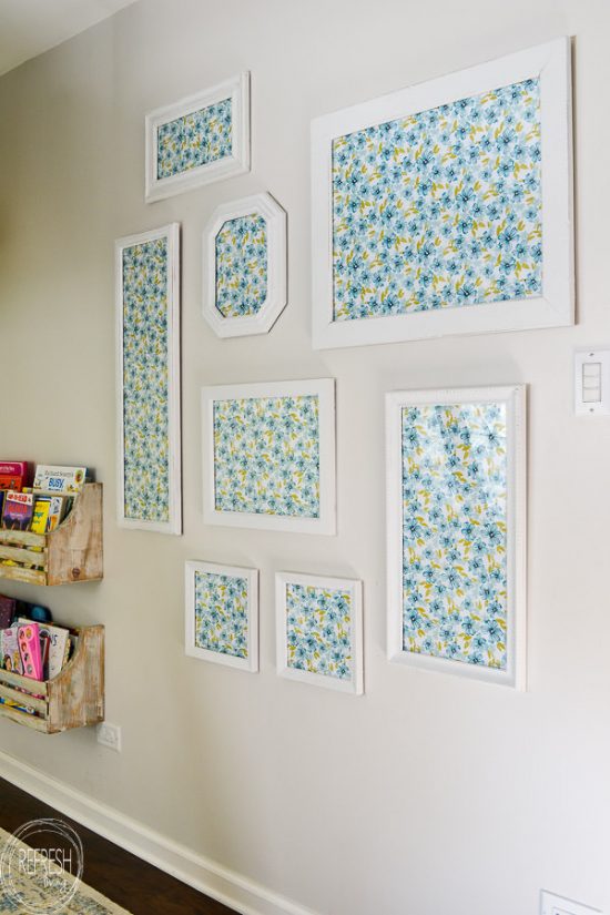 This is definitely what I need! I'm too afraid of commitment to put up wallpaper, so this is the perfect alternative. Use thrift store and second hand picture frames to create a gallery wall with wallpaper or patterned paper from Refresh Living.