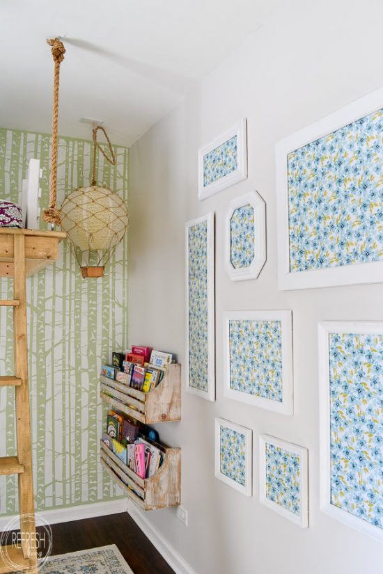 This is definitely what I need! I'm too afraid of commitment to put up wallpaper, so this is the perfect alternative. Use thrift store and second hand picture frames to create a gallery wall with wallpaper or patterned paper from Refresh Living.