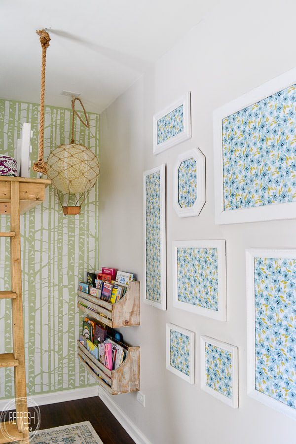 Create the look of wallpaper with second hand frames and wallpaper or patterned gift wrap paper