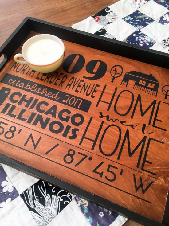 What a great gift for a new homeowner! This wooden tray from the thrift store has been upcycled with a personalized home address graphic. DIY custom home address sign for the new homeowner from an old wooden tray via Refresh Living.