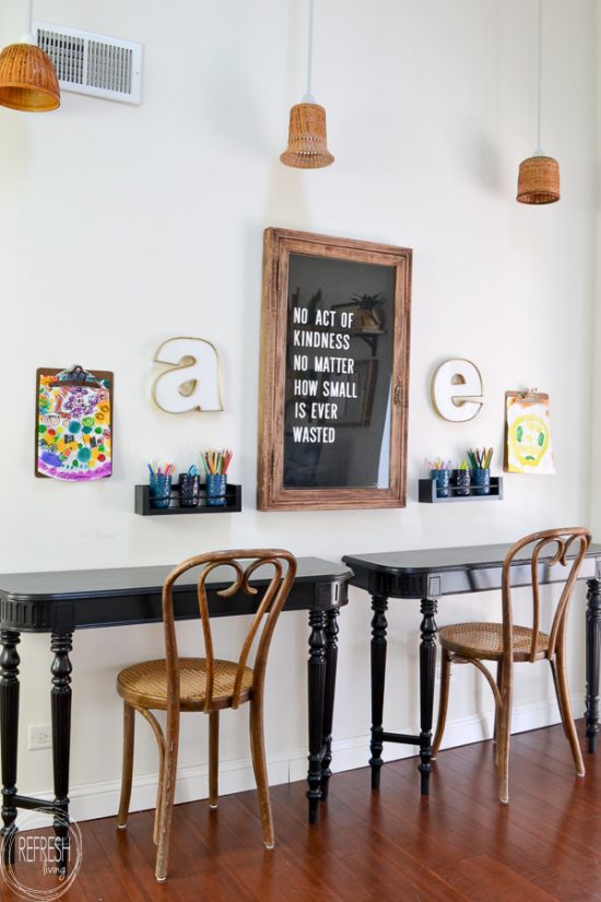 Take an old table and cut off the ends to make wall desks - such a great idea! These would be perfect for kids without taking up much room in the house. Vintage table turned into desks via Refresh Living.