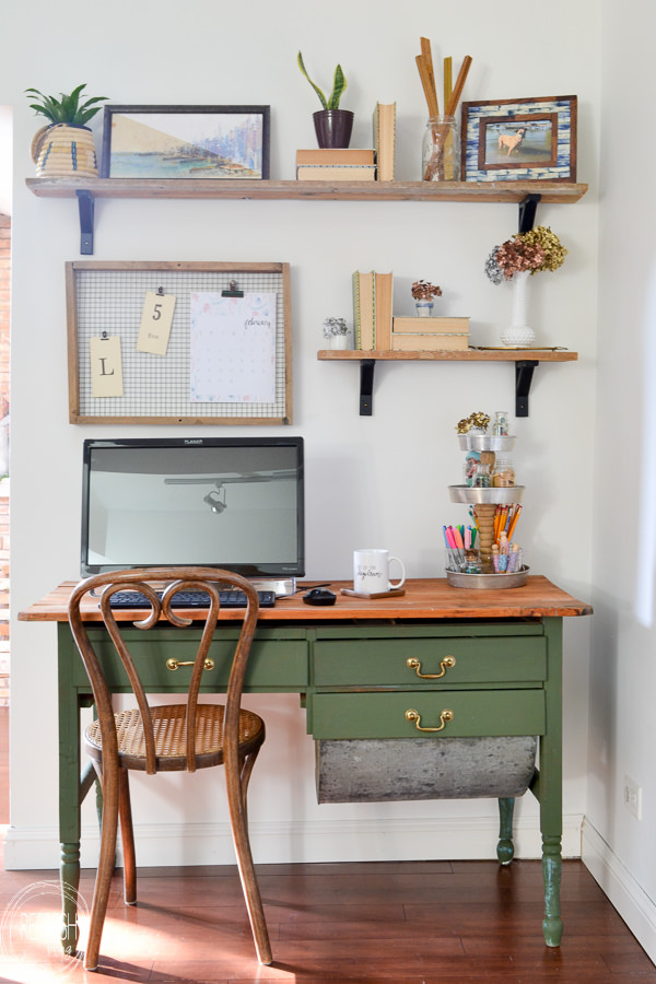 vintage modern boho home office with open shelves natural wood green ...