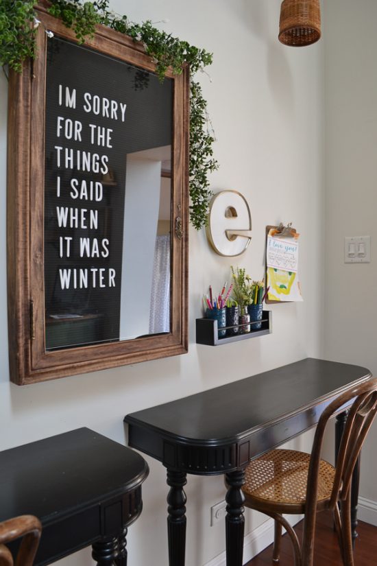 Vintage letterboard in a home office with desks for the kids. Spring home tour with upcycled and vintage finds.