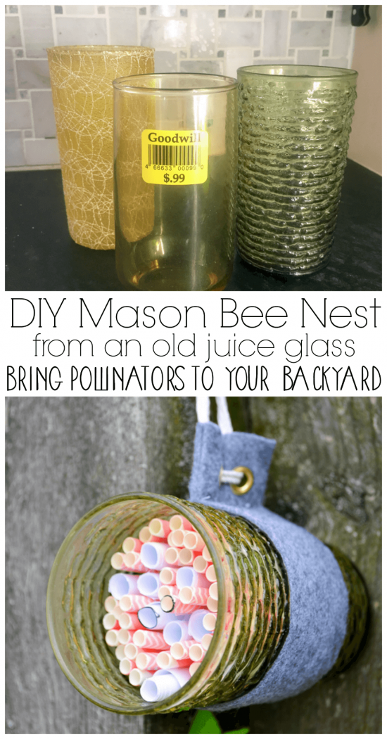 Cool idea to reuse old juice glasses AND bring pollinators into your backyard! What an easy way to make a DIY bee hotel for mason bees via Refresh Living. Includes tips for where to hang the mason bee home and what to do with it over the winter.