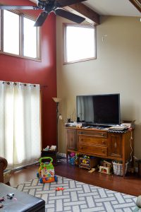 This living room needs a total update, but still needs to be family friendly. Plans for vintage modern eclectic living room on a small budget.