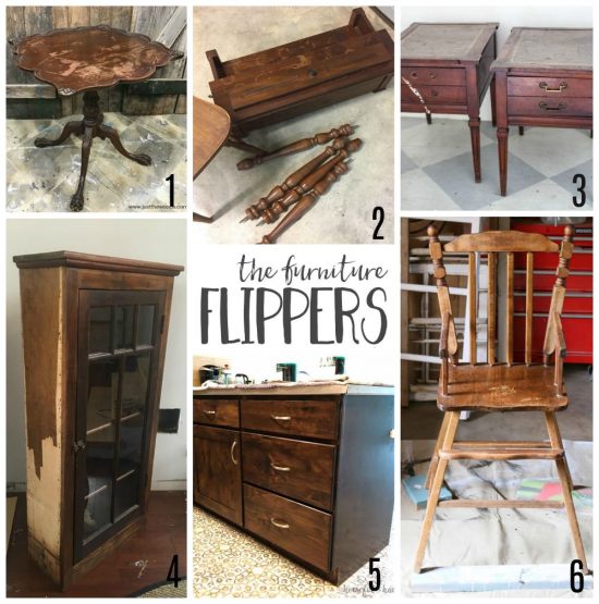 The furniture flippers image with collage of 6 wood pieces prior to refinishing.