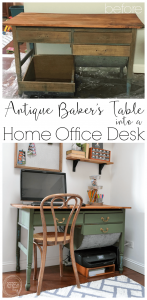 An antique piece of furniture with a modern color. This vintage modern green desk was made from an antique baker's table with the flour drawer removed to fit a chair. Perfect upcycle for a home office.
