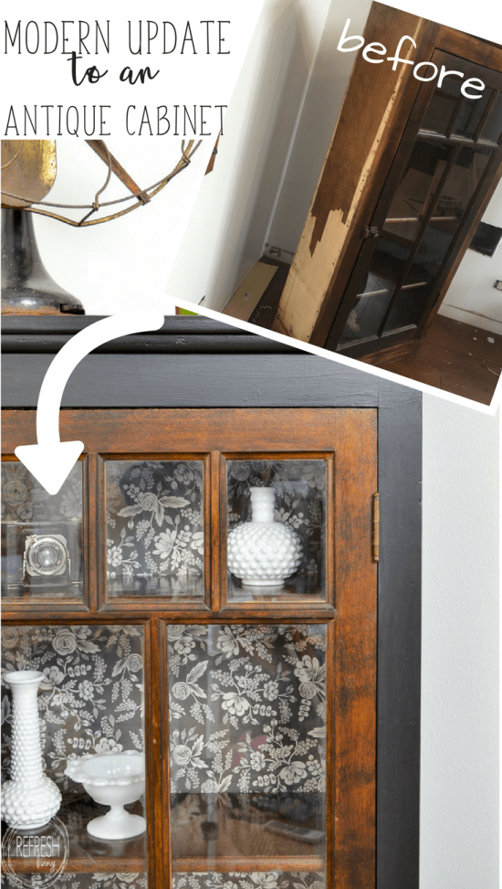 I love how this piece was refinished with black paint contrasting with the wood and the modern black and white floral background.