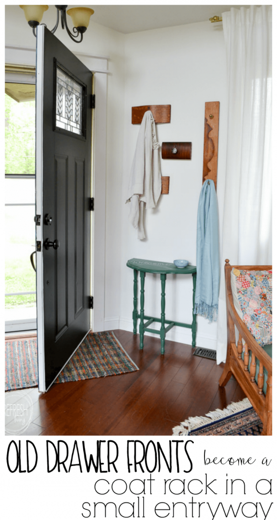 Love this idea for a coat rack for a small entryway! It's decorative and functional, and even better, it reuses old items (dresser drawer fronts) that would otherwise be thrown away.