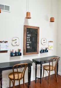 What a great idea to use an old table to make kids desks! Just cut off each end and attach it to the wall for wall desks that don't take up much space, and are inexpensive.