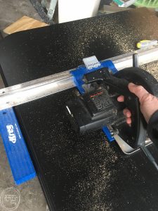 This is my favorite tool for cutting large pieces of wood. Gives a straight cut every time, and is easier than a table saw for large pieces!