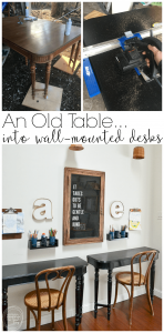 What a great idea to use an old table to make kids desks! Just cut off each end and attach it to the wall for wall desks that don't take up much space, and are inexpensive.