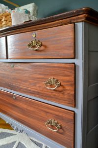 Using gel stain is an easy way to darken the color of wood without the hassle of stripping or sanding. Gray and wood dresser with General Finishes Java Gel Stain. Includes a video showing how to apply gel stain over previously finished wood.