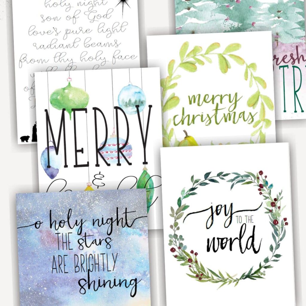 set of 6 free printable Christmas wall art with watercolor designs including joy to the world, merry and bright, merry christmas, and christmas trees