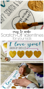 DIY Valentines for kids or grandkids with scratch off reasons I love you. Just print off the cards, write in the hearts, add tape, and paint the DIY scratch off paint onto the hearts. The scratch off paint can be made with stuff that I already have already the house.
